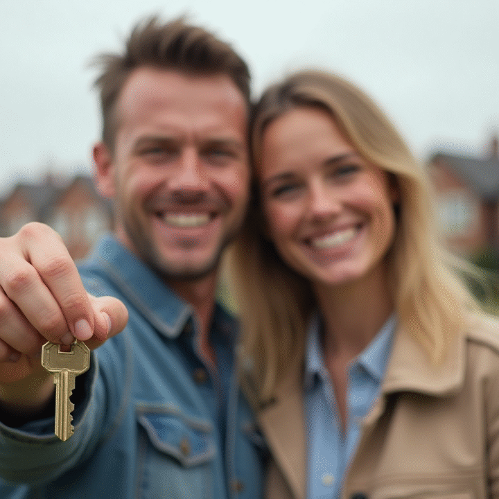 First-Time Buyer couple in front of a house holding a key and smiling because they received free advice!